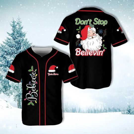 Personalized Santa Christmas Baseball Jersey, Custom Name Christmas Baseball Jersey, Don't Stop Believin Christmas Jersey, Xmas Holiday Gift