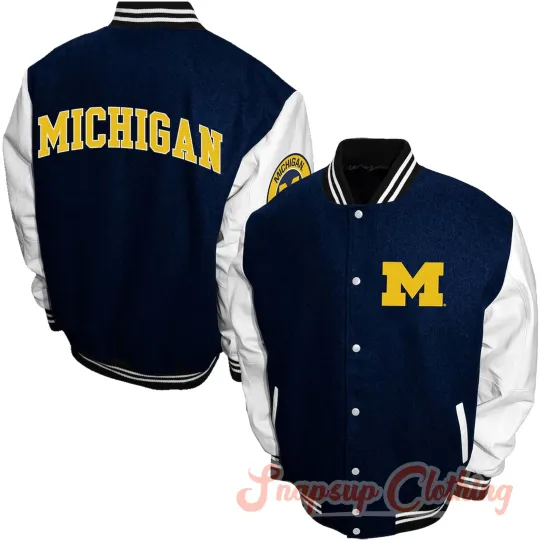 Michigan Wolverines Blue White Wool Leather Graduate Full-Snap Varsity Jacket