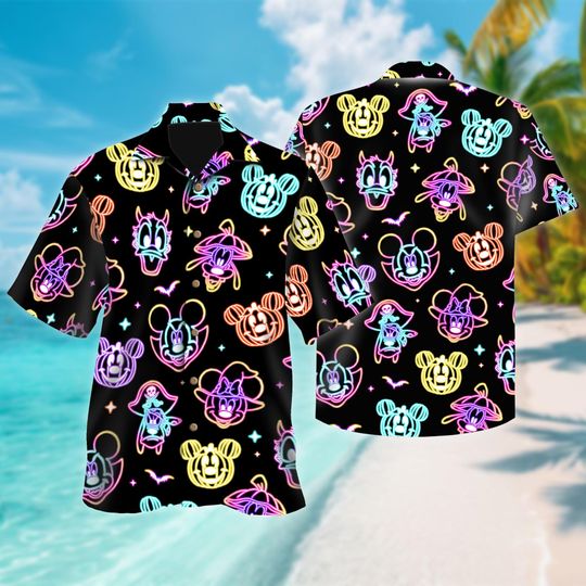 Discover Neon Comfort Color Spooky Mickey And Friends Halloween Hawaiian Shirt, Mickey's Not So Scary Shirts, Disney Trip Halloween Button Up