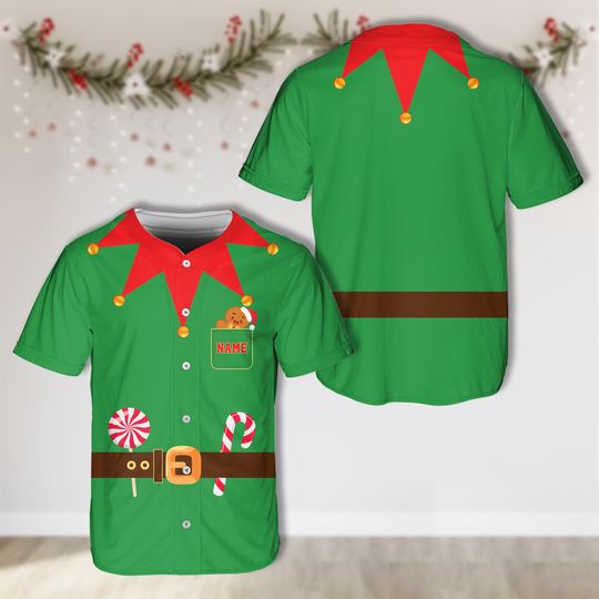 Discover Custom Elf Christmas Baseball Jersey, Festive Green Elf Jersey, Personalized Xmas Elf Squad Jersey, Funny Family Matching Christmas Gift