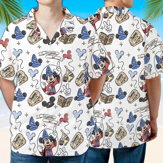 Discover Magical Mouse Transparent Sorcerer Seamless Pattern Doodle Hawaiian Shirt, Fantasmic Hawaiian Shirt, Magical Kingdom Hawaii