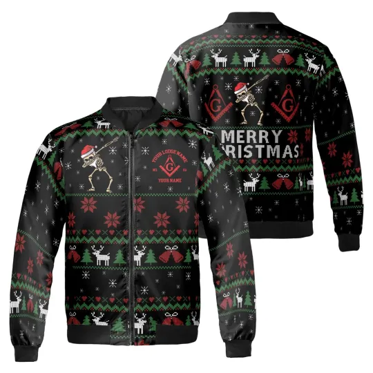 Discover Customized Mason Merry Christmas Funny Santa Skull Bomber Jacket S-5XL
