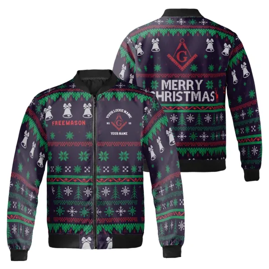 Customized Freemason Mason Christmas Pattern Bomber Jacket