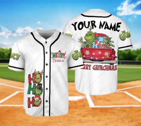 Discover Custom Green Christmas Truck Baseball Jersey, Custom Name Baseball Jersey, Merry Grncmas Jersey Shirt, Custom Baseball Jersey for Men Women