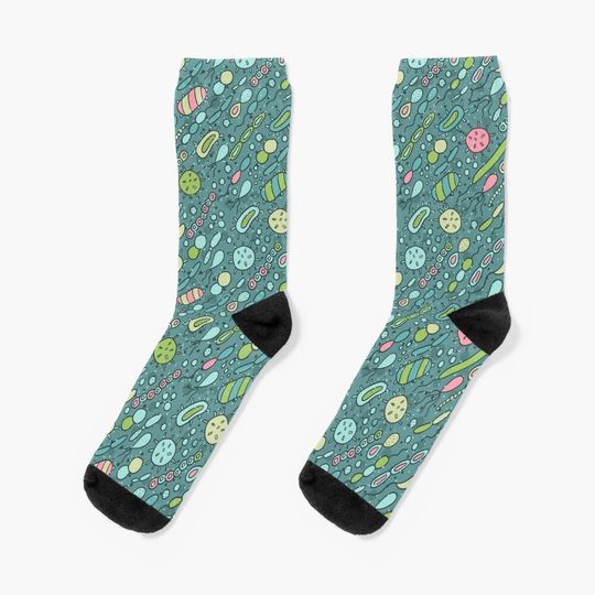 Discover Microbes pattern. Bacteria design for biology lovers. Virus illustration. Socks