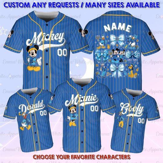 Discover Disney Mickey Friends Baseball Jersey, Donald Daisy Pluto Goofy Hanukkah Holiday Shirt, Disney Custom Character Christmas Jersey Shirt