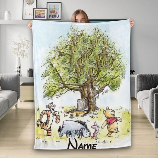 Discover Personalized Watercolor Winnie the Pooh Blanket, Pooh Bear and Friends Birthday Gift, Tigger Piglet Eeyore Family Kids Adult Baby Blanket
