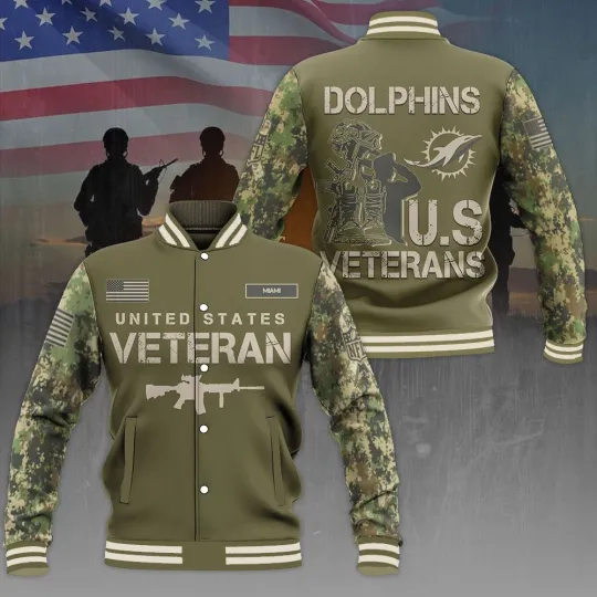 Discover Dolphins x US Veterans Varsity Jacket Baseball Jacket size S-5XL