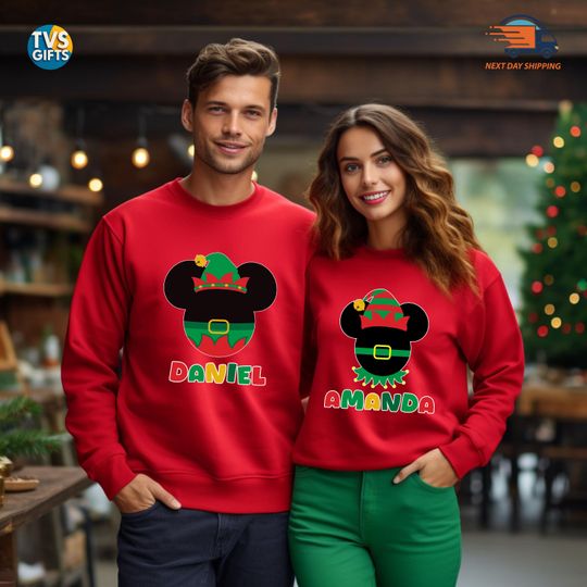 Discover Custom Name Disney Christmas Sweatshirt, Mickey Minnie Christmas Party Sweater, Magic Kingdom Xmas Boy Girl Hoodie, Disney Cruise Shirt