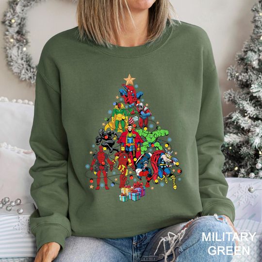 Discover Marvel Superhero Christmas Sweatshirt, Avengers Christmas Sweatshirt, Christmas Tree Lights, Winter Season Superhero Crewneck
