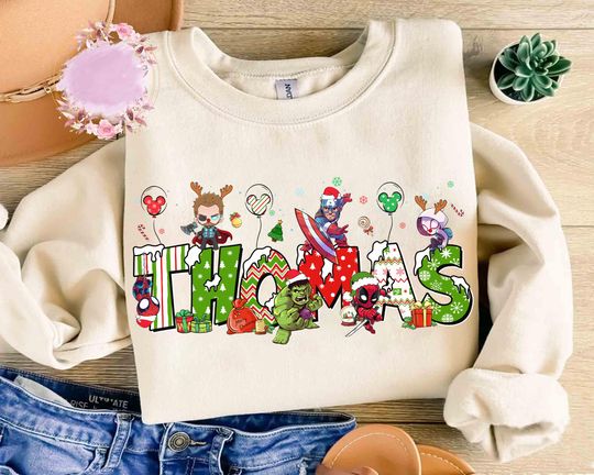 Discover Custom Name Marvel Avengers Christmas Shirt, Marvel Superheroes Custom Name Christmas Shirt, Custom Girl Boy Name Christmas Kids Shirt