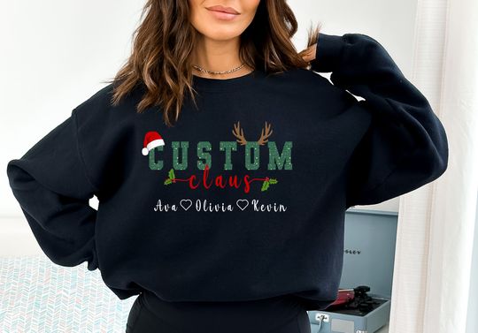 Discover Custom Christmas Family Claus Sweatshirt with Kids Name Personalized Xmas Claus Shirt Family Matching Santa Claus Tee Xmas Gift