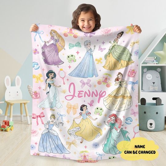 Discover Personalized Watercolor Coquette Bows Disneyland Princess Blanket, Disneyland Baby Girl Trip Blanket, Princess Birthday Girl Blanket Gifts