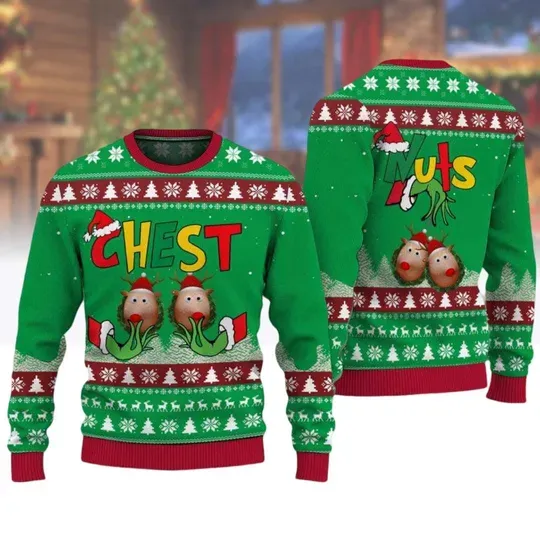 Grnch Chest Nuts Ugly Christmas Sweater, Grnch Hand Chest, Chest Nuts Couples Sweater, Matching Family Sweatshirt
