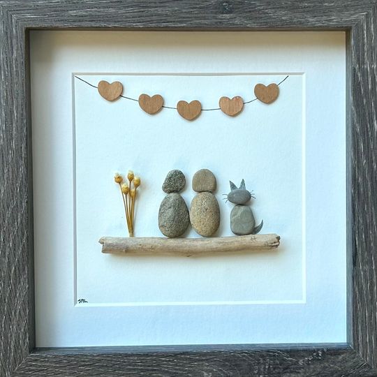 Discover Couple with Cat Pebble Art, 9x9 Framed Picture, Personalized Pet Artwork, Perfect Gift for Cat Owners