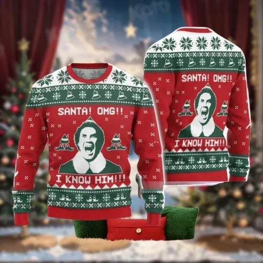 Buddy Elf Christmas Sweater, Omg Santa I Know Him Ugly Sweater, Elf Movie Xmas, Christmas Sweater For Men Women Kids, Xmas Gift