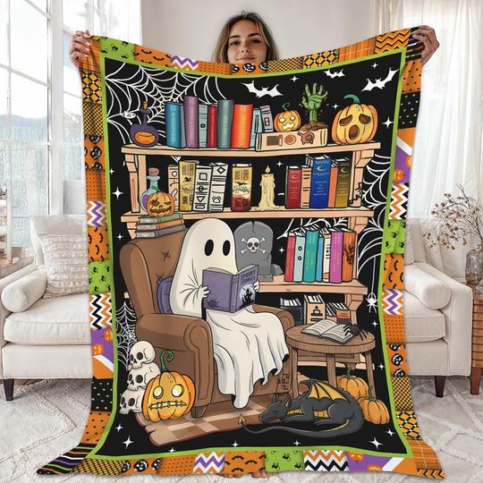 Ghost Reading Book Fleece Blanket, Halloween Library, Halloween Reading Blanket