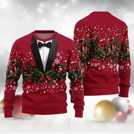 Discover Men's Suit Ugly Sweater, Funny Holiday Tuxedo Style With Bow Tie, Perfect For Parties, Winter Season Outfit For Men
