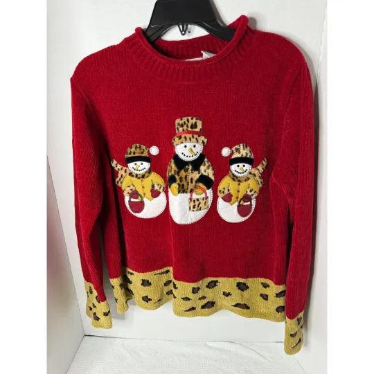 Discover Carolina Colours Ugly Christmas Sweater Snowman Leopard Print Soft Vibrant Red M