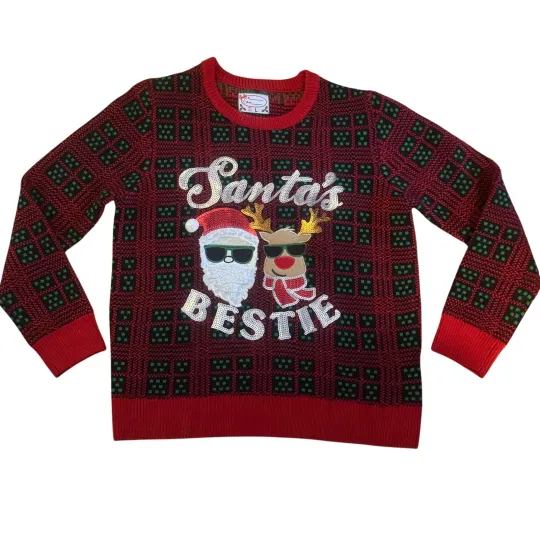 Discover Santa's Bestie Christmas Sweater Sequin Ugly Holiday Knit Pull On Top Large