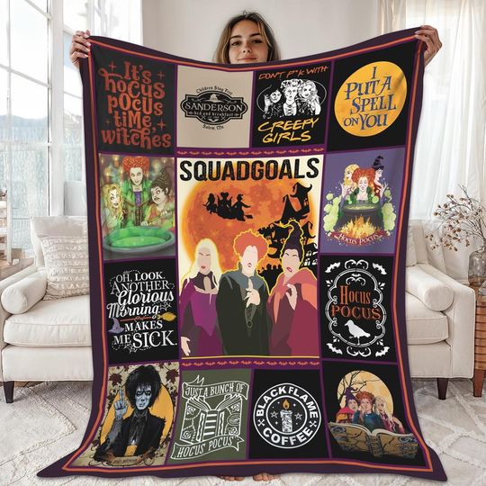 Discover Halloween Hocus Pocus Fleece Blanket, Sarah Sanderson Blanket, Mary Sanderson Blanket, Winifred Sanderson Blanket, Halloween Throw Blanket