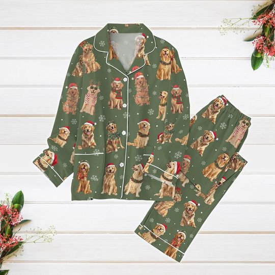Golden Retriever Christmas Pajamas, Dog Santa Holiday Pajamas, Animal Lover Xmas Pajamas, Dog Mom Gift, Christmas Lights Shirt