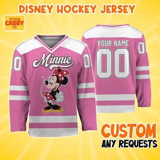 Discover Custom Minnie Hockey jersey Pink And White, Personalized Ice Hockey Jersey Team Sports Disneyland Family Vacation Birthday Gift For Fans