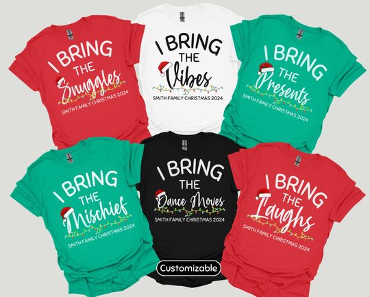 Discover Funny Personalized Matching Christmas Pajama Shirts, Custom Name I Bring The Family Fun T-Shirts, Cute Group Holiday Tees, Picture PJs