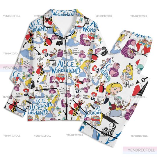 Discover Alice In Wonderland Unisex Long Sleeve Adult Nightwear Pajama Set, Disney, Cartoon, Adult Pajamas Set, Silk Pajamas Set, Christmas Gifts