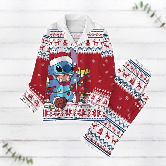 Discover Stitch Christmas Pajamas Set, Cute Stitch Santa Xmas Pajamas, Funny Lilo And Stitch Shirt, Disney Cartoon Pajamas, Disneyworld Shirt