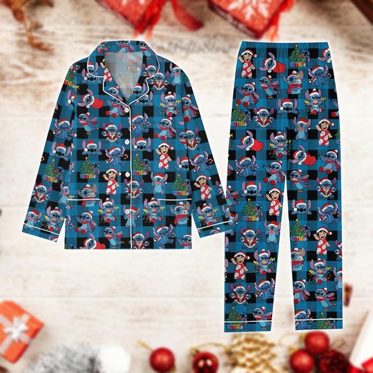 Discover Christmas Stitch Pajamas Set, Disney Stitch Christmas Shirt, Stitch Home Wear Set, Long Sleeve Pajamas, Holiday Pajamas, Xmas Pjs