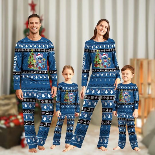 Discover Stitch Christmas Family Pajamas Set, Disney Xmas Family Matching Pajamas, Funny Stitch Holiday Pajamas, Santa Pjs, Xmas Party Gift