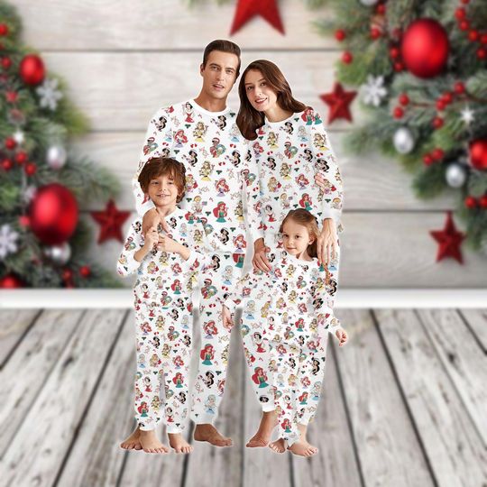Discover Princess 2025 Christmas Family Pajamas Set, Cinde Belle Tiana Xmas Pajamas, Disney Holiday Pajamas, Magic Kingdom Xmas Loungewear