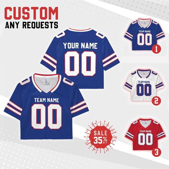 Discover Personalize Women's Crop Top Team Bill Football jersey Collection, Custom Team Name & Number Women Crop Tee, Sports Crop Top Gift for her