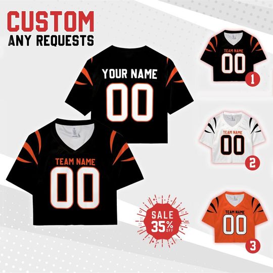 Discover Personalize Women's Crop Top Team Bengal Football jersey Collection, Custom Team Name & Number Women Crop Tee, Sports Crop Top Gift for her