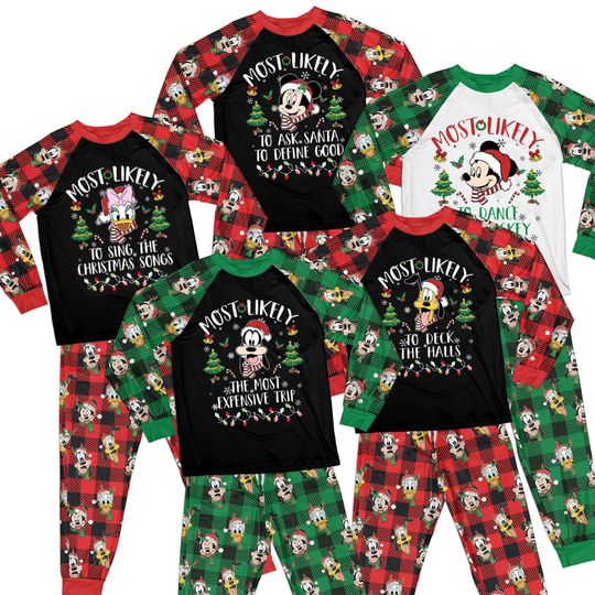 Discover Mickey and Friends Christmas Family Matching Pajamas, Most Likely to Xmas Custom Quote PJs, Holiday Plaid Family Sleepwear, Cute Disney Xmas
