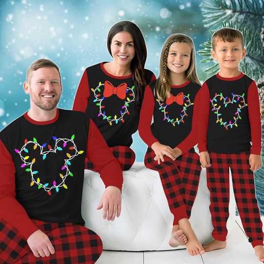 Discover Mickey Lights Christmas Pajamas Set, Disney Mickey Mouse Family Matching Holiday PJs, Cozy Red Plaid Sleepwear, Disney Christmas Outfit
