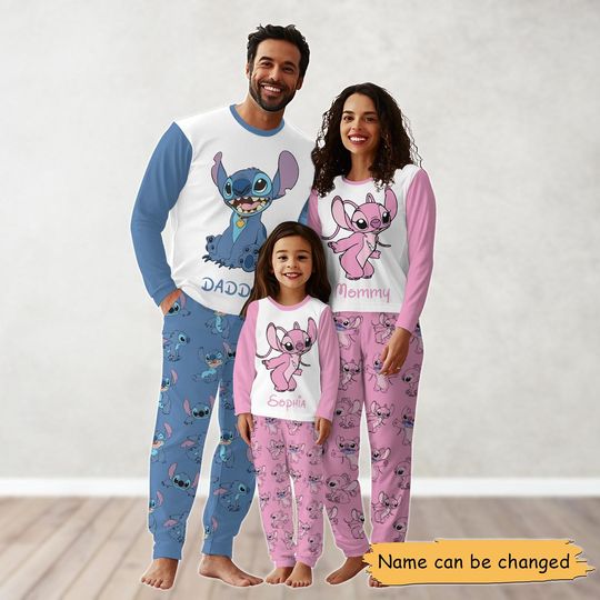 Discover Custom Stitch Family Pajamas Set, Stitch Angel Matching Pajamas, Cartoon Movie Holiday Pajamas, Xmas Party Gift, Disney Set Of Pajamas