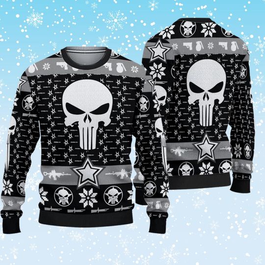 Skull Tactical Ugly Christmas Sweater, Black White Snowflake Stars Pattern