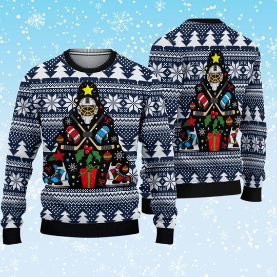 Discover Ugly Christmas Hockey Sweater with Goalie Mask Tree, Blue Fair Isle Snowflakes