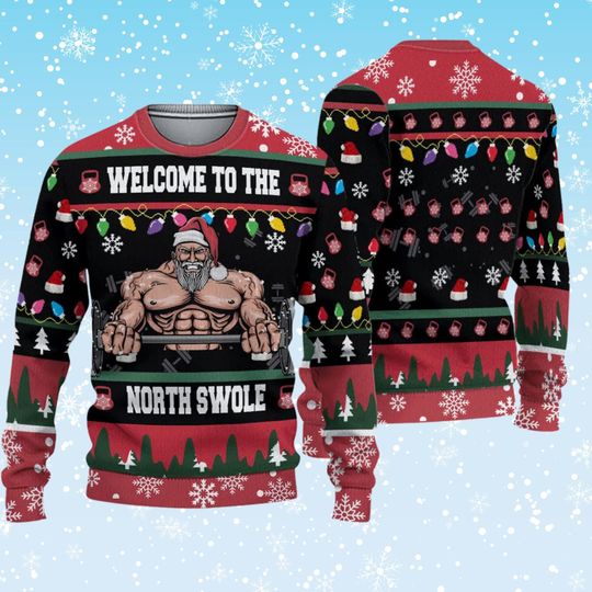 Discover Welcome to the North Swole Ugly Christmas Sweater  Muscular Santa Weightlifting Gym Jumper