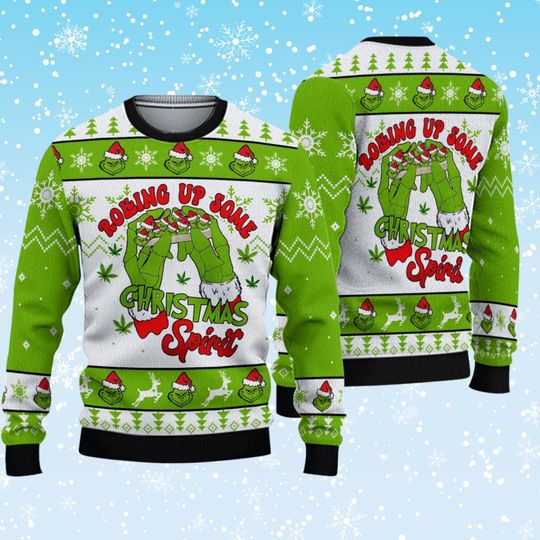 Rolling Up Some Christmas Spirit Ugly Christmas Sweater, Green Hands Cannabis Leaf Print