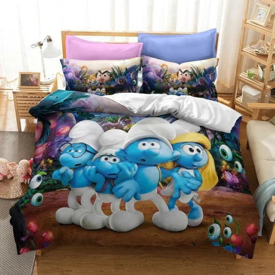 Discover Cartoons Bedding Set The Smuurfs Quilt Duvet Cover Pillowcase Single Kids Size UK