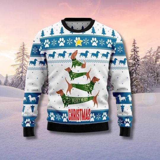 Discover Dachshund Christmas Ugly Sweater, Blue White Dog Lover Knit, Funny Holiday Jumper