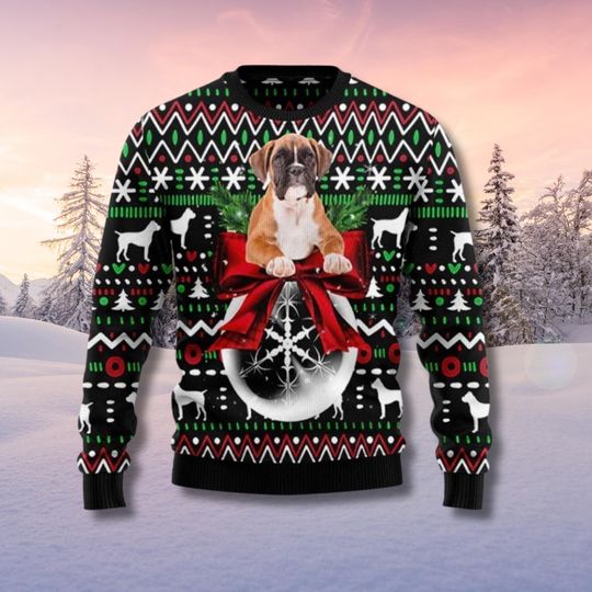 Discover Boxer Dog Christmas Ugly Sweater, Black Green Red Holiday Knit
