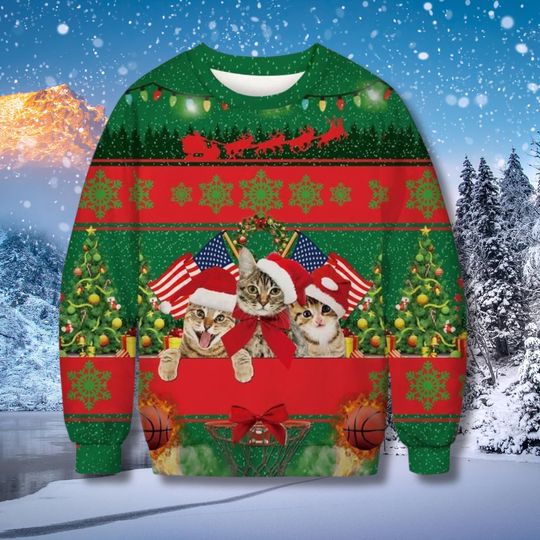 Discover Christmas Cats Ugly Sweater with USA Flags Santa Kittens Trees Unisex Holiday Pullover
