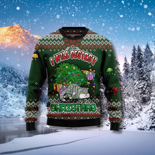 Discover I Will Destroy Christmas Cat Ugly Sweater Funny Cat Lover Holiday Jumper Unisex Green Knit