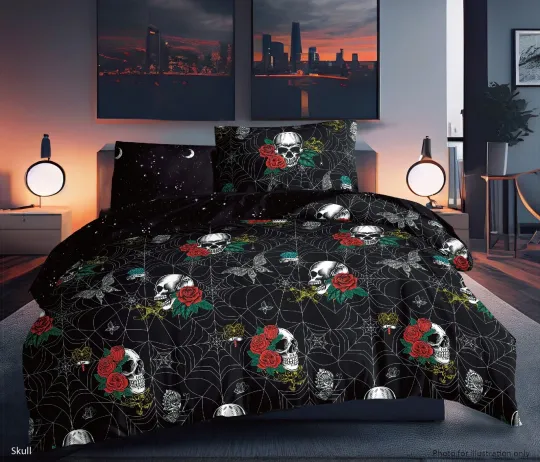 Discover Halloween Skulls and Roses Bedding Set Reversible Duvet Cover with Pillowcases