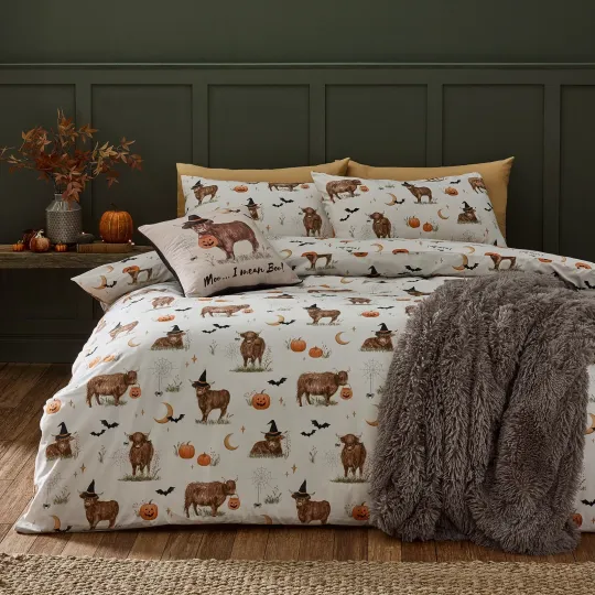 Discover Catherine Lansfield Halloween Highland Cow Duvet Cover Bedding Set Natural