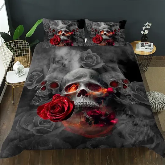 Discover Flame Smoke Skull Rose Bedding Set with Duvet Cover